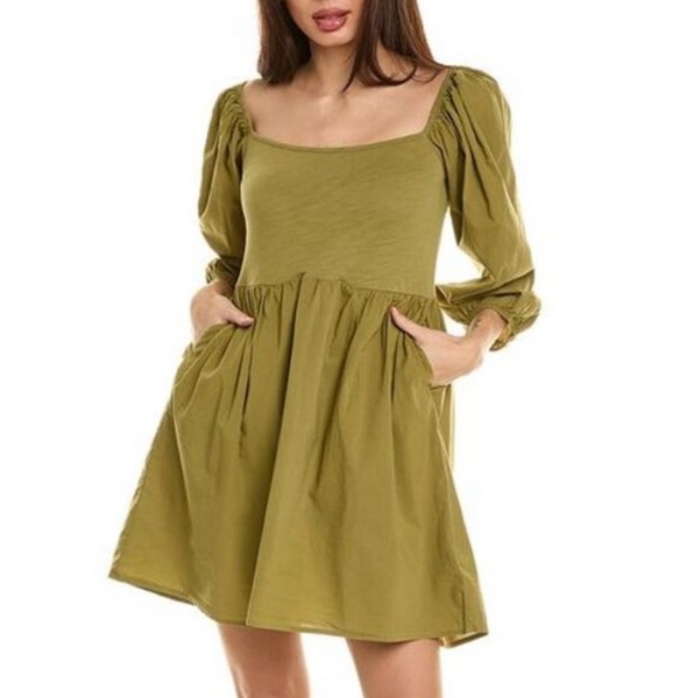 Nation LTD Heddie Combo Babydoll Dress Lichen Olive Green pockets small S